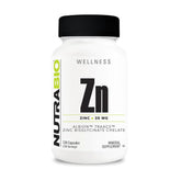 NutraBio frasco frontal del Zinc Chelate mostrando etiqueta clara y beneficios