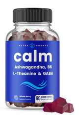 NutraChamps bote frontal con gominolas calmantes y diseño claro, beneficio de conveniencia