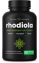 NutraChamps frasco delantero Rhodiola mostrando diseño y cantidad