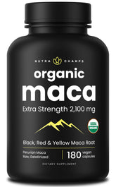 NutraChamps frasco frontal de maca 2100mg mostrando etiqueta orgánica y cantidad