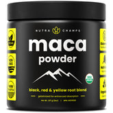 NutraChamps maca orgánica frente del paquete, presentación práctica y resellable