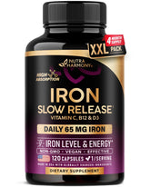 NUTRAHARMONY frasco frontal que muestra hierro 65mg y beneficios de absorción