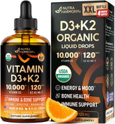NUTRAHARMONY vista frontal del frasco D3 K2, presentación limpia y profesional