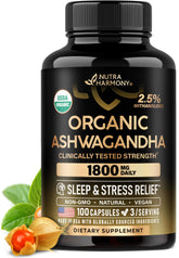 NUTRAHARMONY envase frontal mostrando dosis y certificado USDA Organic