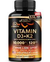 NUTRAHARMONY frontal del envase mostrando la fórmula D3 K2 y beneficios
