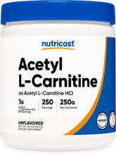 Nutricost envase frontal de ALCAR 250 g mostrando tamaño y marca
