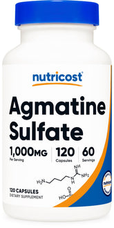 Nutricost frasco frontal que muestra 120 cápsulas y beneficio de pureza