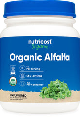 Nutricost alfalfa envase frontal mostrando 1 lb y sello USDA Organic