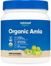 Nutricost envase frontal de amla orgánico mostrando tamaño y marca