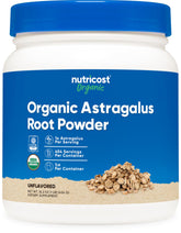 Nutricost envase frontal de astragalus raíz orgánico mostrando tamaño y marca