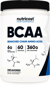 Nutricost envase frontal del BCAA sin sabor mostrando cantidad y porciones para uso práctico