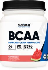 Nutricost envase frontal de BCAA sabor sandía, presentación clara y cantidad