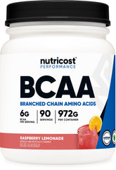 Nutricost bote frontal mostrando diseño y sabor Raspberry Lemonade, beneficios de conveniencia