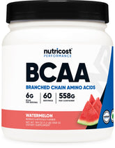 Nutricost BCAA polvo frente mostrando envase y beneficios de sabor