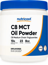 Nutricost envase frontal del polvo MCT C8 mostrando diseño y tamaño para elección informada