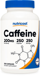 Nutricost bote frontal con 250 cápsulas de cafeína mostrando volumen y conveniencia