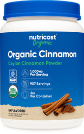 Nutricost canela Ceilán envase frontal mostrando cantidad y sello orgánico
