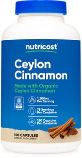 Nutricost frasco frontal de canela Ceylán mostrando etiqueta clara y cantidad