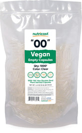 Nutricost cápsulas vacías frontal mostrando bote y cantidad, ofrece conveniencia vegana