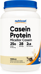 Nutricost frasco frontal del producto casein vainilla mostrando diseño y beneficio conveniencia