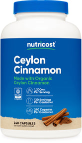 Nutricost envase frontal de Ceylon Cinnamon mostrando etiqueta y dosis