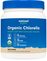 Nutricost envase frontal mostrando chlorella orgánica y etiqueta clara