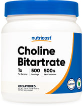 Nutricost etiqueta frontal del envase mostrando 500 g y beneficios
