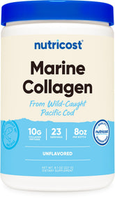 Nutricost frasco frontal del colágeno marino mostrando diseño y tamaño