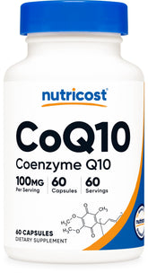 Nutricost CoQ10 frente del envase mostrando diseño claro y dosis