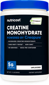 Nutricost Creapure bote frontal mostrando etiqueta y 500 g, claridad de marca y contenido