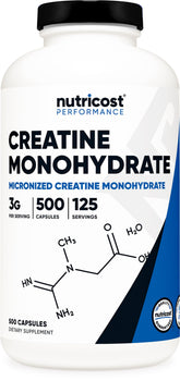 Nutricost creatina frente del empaque mostrando la cantidad y beneficios