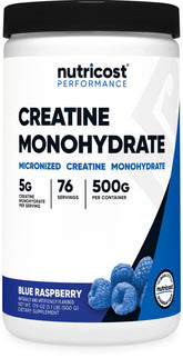 Nutricost envase frontal mostrando 500 g y sabor blue raspberry como ventaja