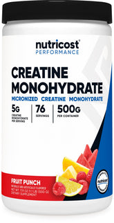 Nutricost creatina envase frontal mostrando etiqueta y sabor fruta punch, confianza de marca