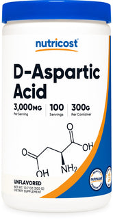Nutricost frasco frontal D‑Aspartic Acid mostrando etiqueta clara y beneficio pureza