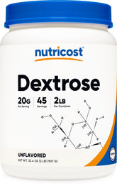 Nutricost dextrose vista frontal envase mostrando tamaño y marca, práctico y puro