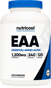 Nutricost EAA bote frontal mostrando diseño y cantidad, apoyo práctico
