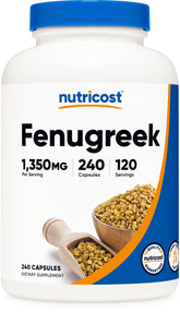 Nutricost frasco delantero con cápsulas de fenogreco, presentación clara y protección