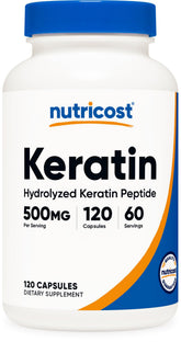 Nutricost frasco delantero de Keratin Hidrolizada mostrando presentación y beneficio de conveniencia