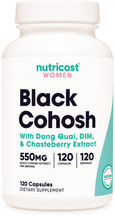 Nutricost frasco delantero mostrando 120 cápsulas y beneficios claros