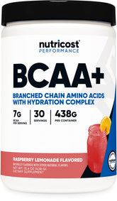 Nutricost frasco frente sabor Raspberry Lemonade mostrando etiqueta y beneficios