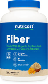 Nutricost frasco frontal mostrando cápsulas y beneficios orgánicos