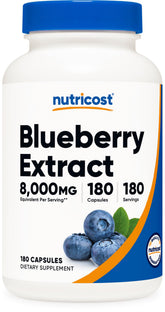 Nutricost frasco frontal del extracto de arándano mostrando etiqueta y dosis