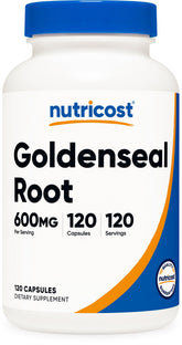 Nutricost frasco frontal Goldenseal mostrando etiqueta y beneficio de pureza