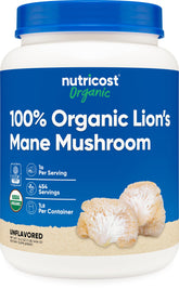 Nutricost frasco frontal de Lion's Mane orgánico mostrando beneficios de pureza
