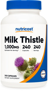 Nutricost frasco frontal de Milk Thistle muestra presentación clara y beneficios