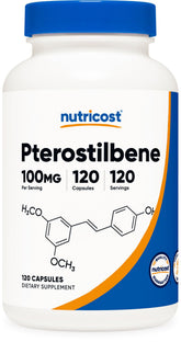 Nutricost frasco frontal de pterostilbene mostrando etiqueta clara y beneficios