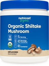 Nutricost frasco frontal de shiitake orgánico mostrando etiqueta y beneficio