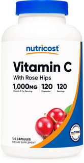 Nutricost frasco frontal vitamina C con rosa mosqueta, presentación clara y beneficios