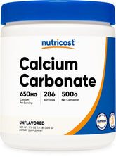 Nutricost envase frontal del carbonato de calcio, etiqueta clara y beneficios