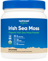 Nutricost envase frontal Irish Moss orgánico, claridad de certificación y confianza
